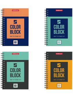 Тетрадь А6 на гребне, 60 листов в клетку ErichKrause Color Block, обложка мелованный картон / Микс 4 шт.