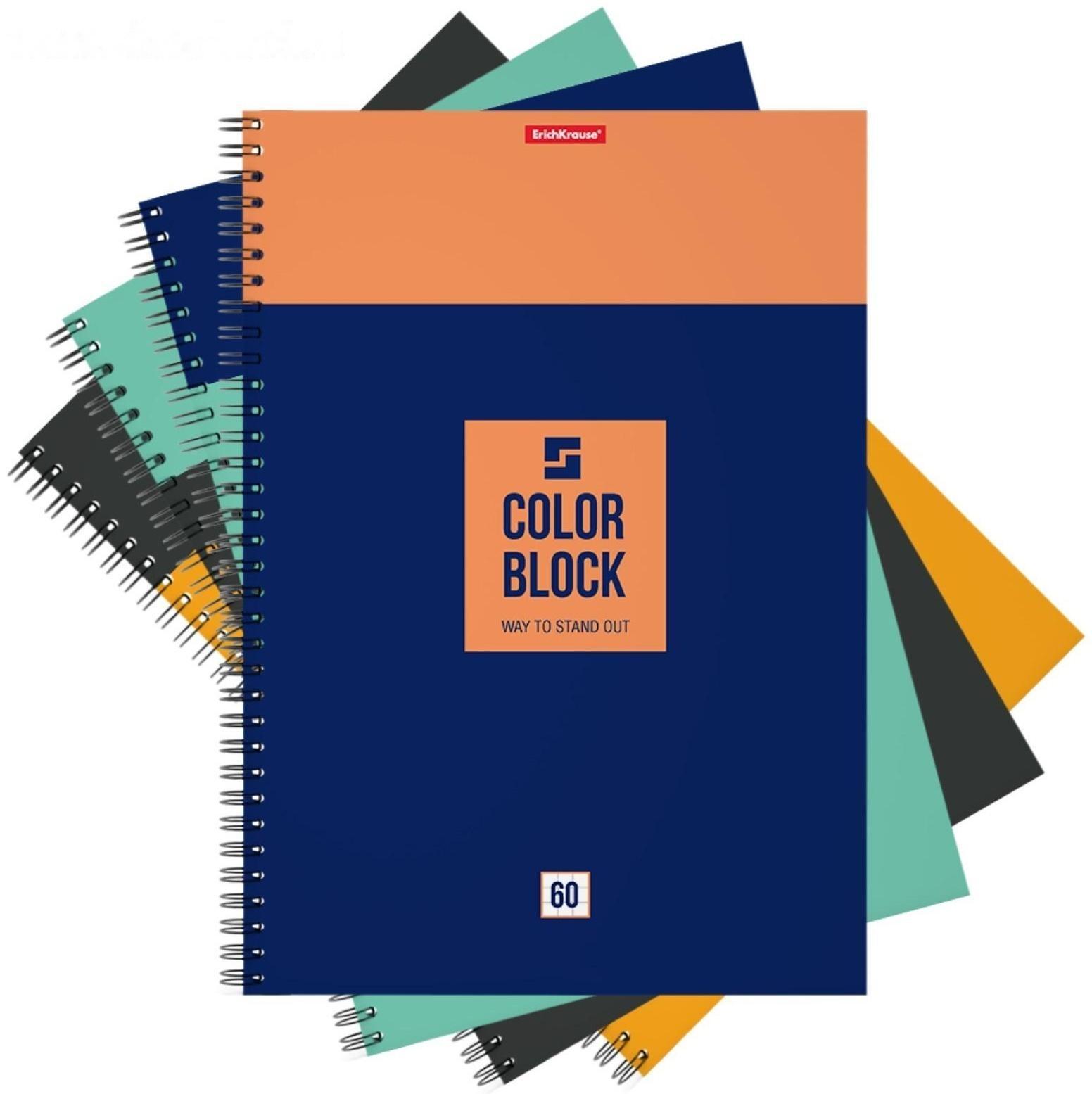 Тетрадь А4, 60 листов в клетку на гребне ErichKrause Color Block, обложка мелованный картон / Микс 1 шт.