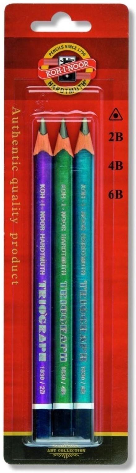 Набор карандашей чернографитных разной твердости 3 штуки Koh-I-Noor 1835, 2B-6B, утолщённые Triograph в блистере