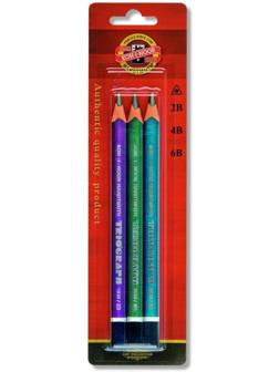 Набор карандашей чернографитных разной твердости 3 штуки Koh-I-Noor 1835, 2B-6B, утолщённые Triograph в блистере