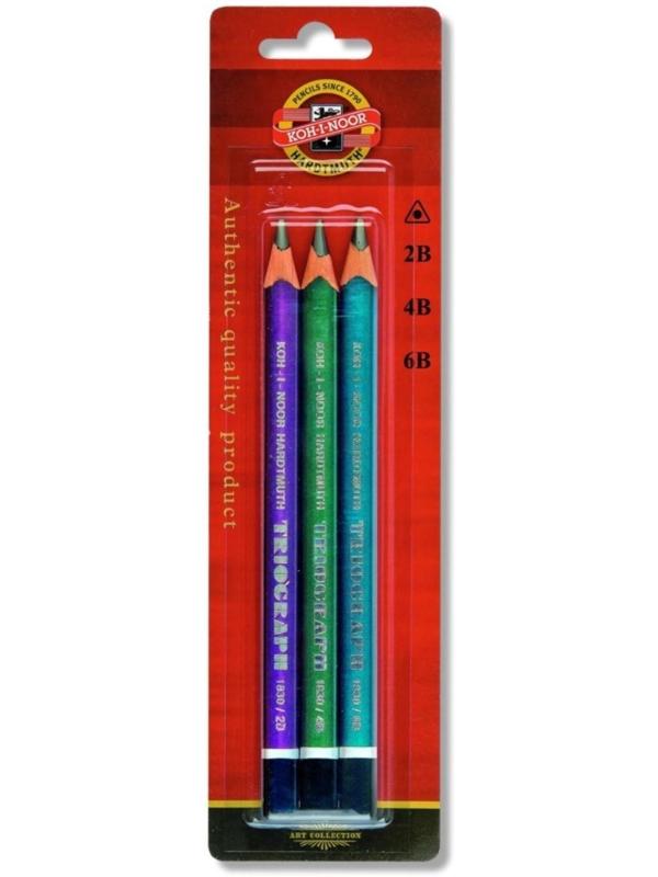 Набор карандашей чернографитных разной твердости 3 штуки Koh-I-Noor 1835, 2B-6B, утолщённые Triograph в блистере