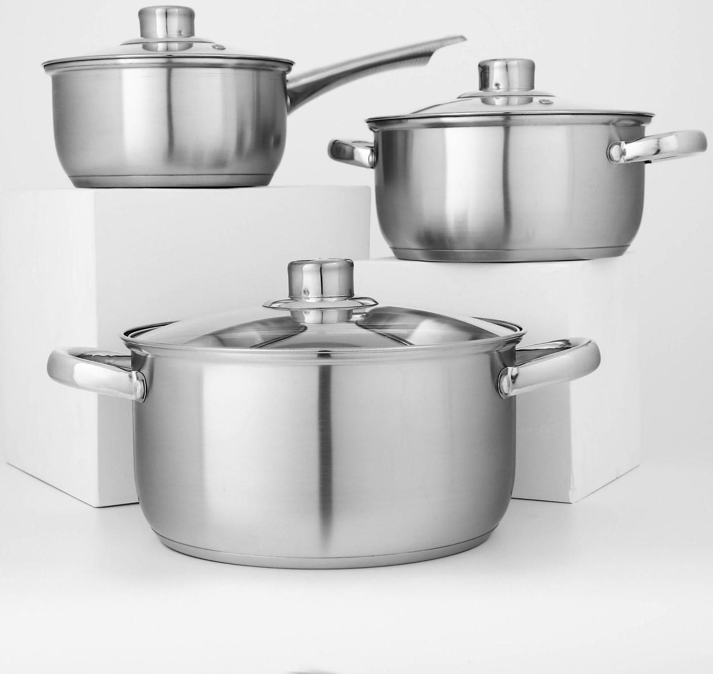 Набор посуды из нержавеющей стали Доляна «Гретте», 3 предмета: сотейник 1,5 л, d=16 см, кастрюли 2 л, 4 л, d=18 см, d=22 см, крышки