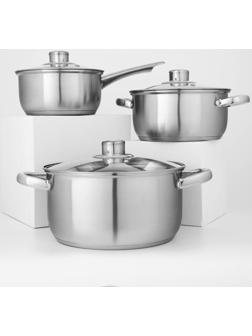 Набор посуды из нержавеющей стали Доляна «Гретте», 3 предмета: сотейник 1,5 л, d=16 см, кастрюли 2 л, 4 л, d=18 см, d=22 см, крышки