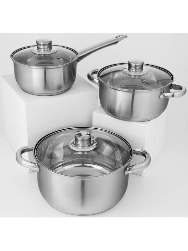 Набор посуды из нержавеющей стали Доляна «Гретте», 3 предмета: сотейник 1,5 л, d=16 см, кастрюли 2 л, 4 л, d=18 см, d=22 см, крышки