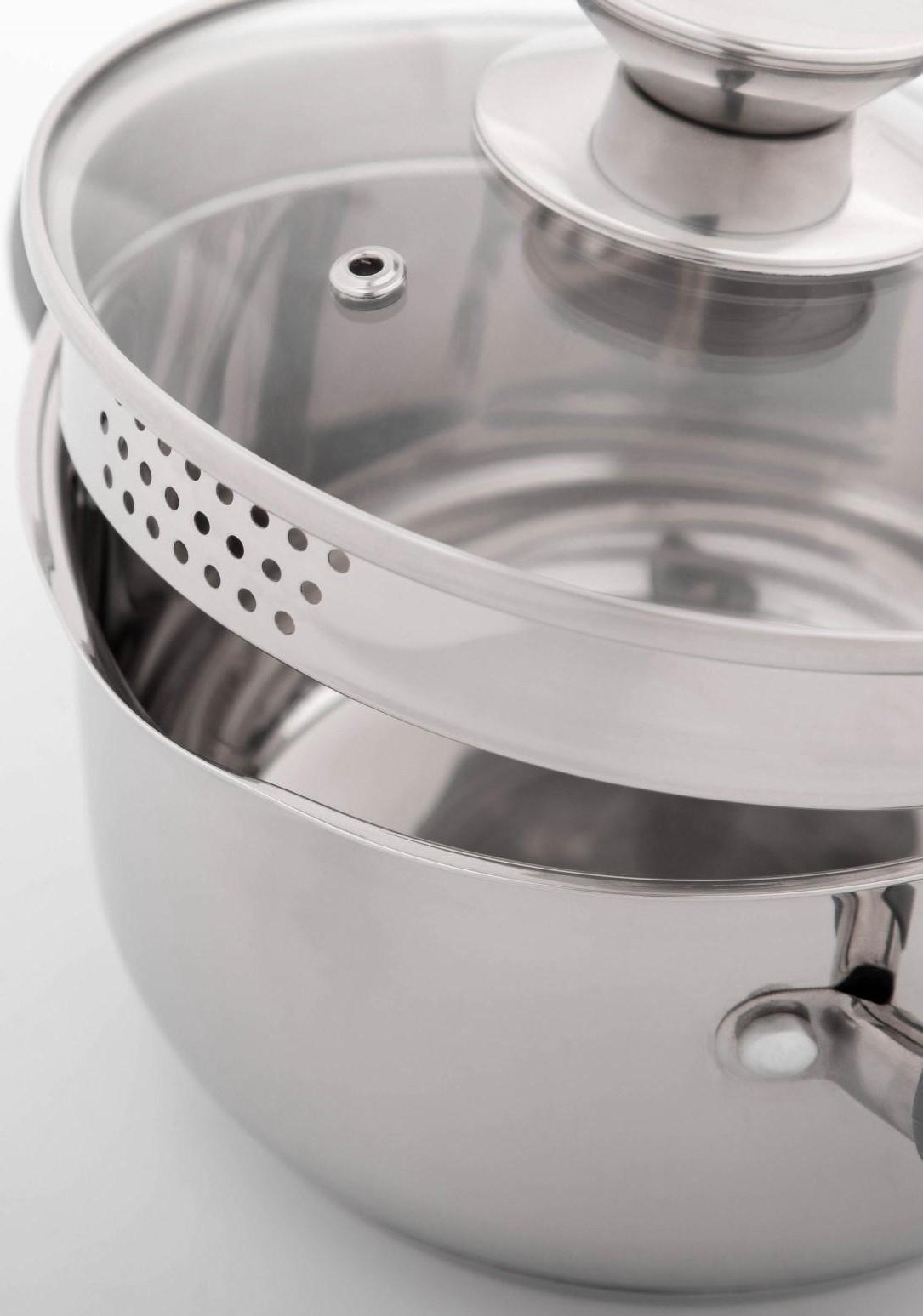 Кастрюля из нержавеющей стали Magistro Tefida, 1,7 л, крышка-дуршлаг, носик для слива, капсульное дно, силиконовые ручки, стеклянная крышка