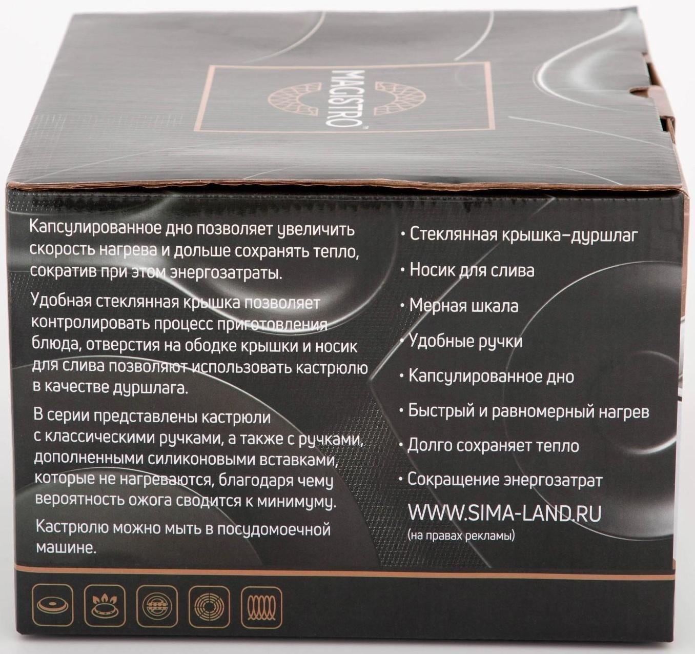 Кастрюля из нержавеющей стали Magistro Tefida, 1,7 л, крышка-дуршлаг, носик для слива, капсульное дно, силиконовые ручки, стеклянная крышка