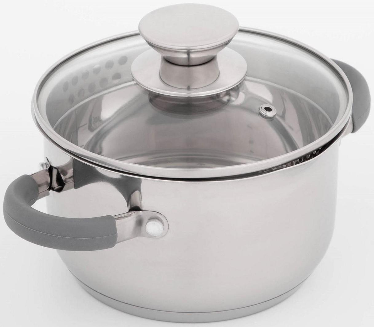 Кастрюля из нержавеющей стали Magistro Tefida, 1,7 л, крышка-дуршлаг, носик для слива, капсульное дно, силиконовые ручки, стеклянная крышка