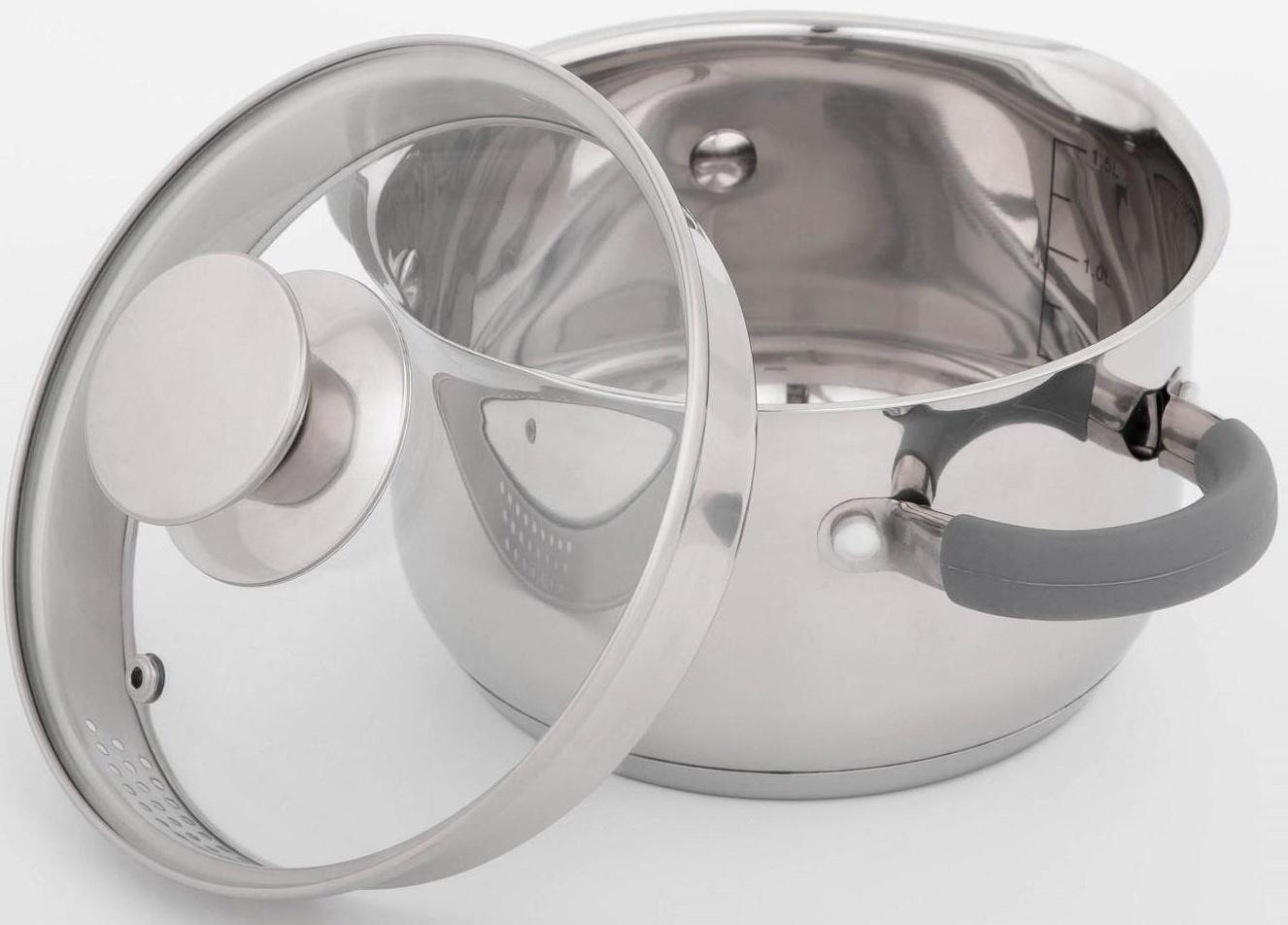 Кастрюля из нержавеющей стали Magistro Tefida, 1,7 л, крышка-дуршлаг, носик для слива, капсульное дно, силиконовые ручки, стеклянная крышка