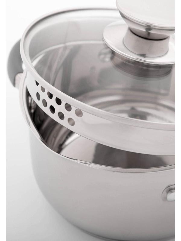 Кастрюля из нержавеющей стали Magistro Tefida, 1,7 л, крышка-дуршлаг, носик для слива, капсульное дно, силиконовые ручки, стеклянная крышка