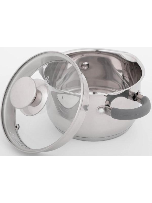 Кастрюля из нержавеющей стали Magistro Tefida, 1,7 л, крышка-дуршлаг, носик для слива, капсульное дно, силиконовые ручки, стеклянная крышка