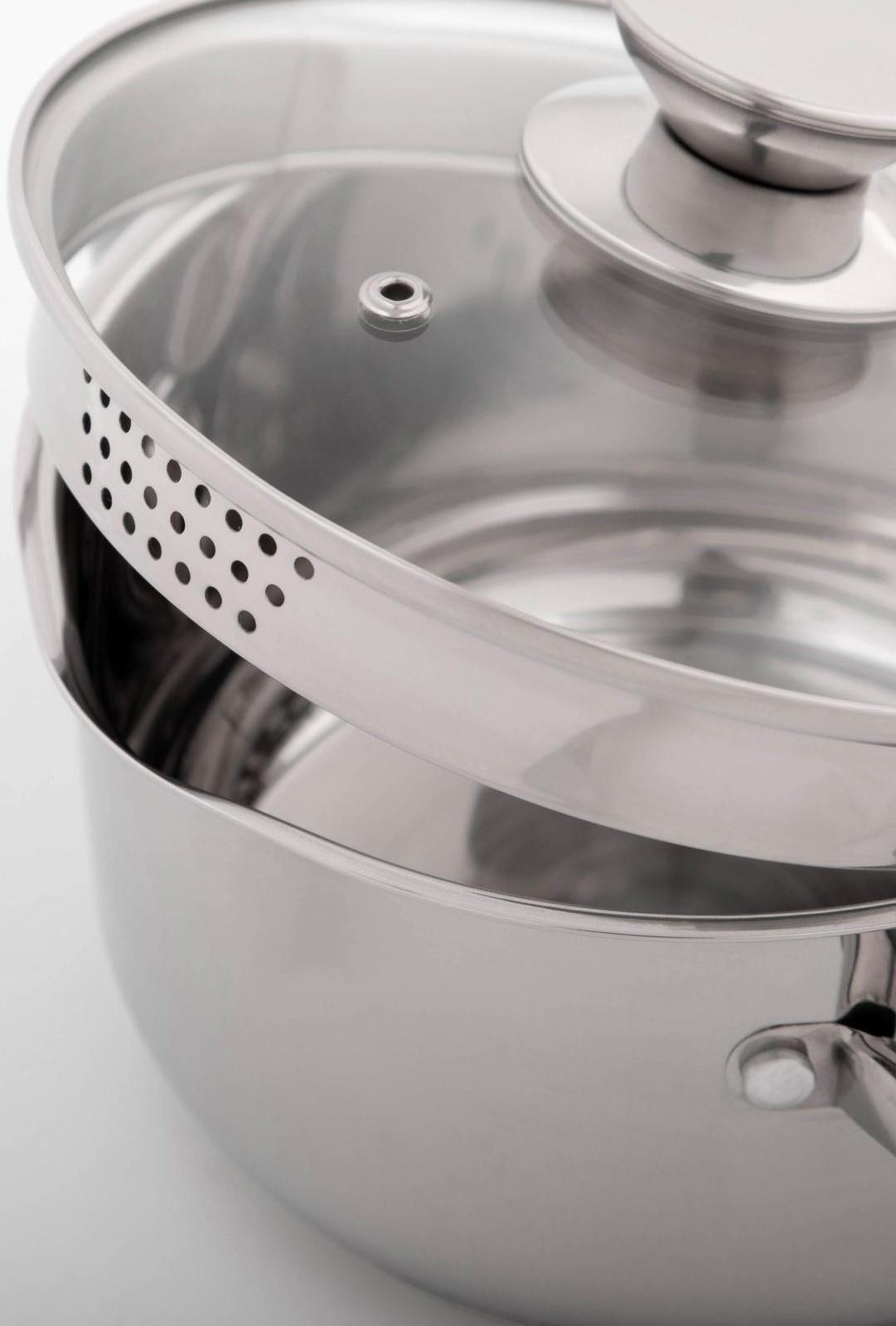 Кастрюля из нержавеющей стали Magistro Tefida, 2,5 л, крышка-дуршлаг, носик для слива, капсульное дно, силиконовые ручки, стеклянная крышка