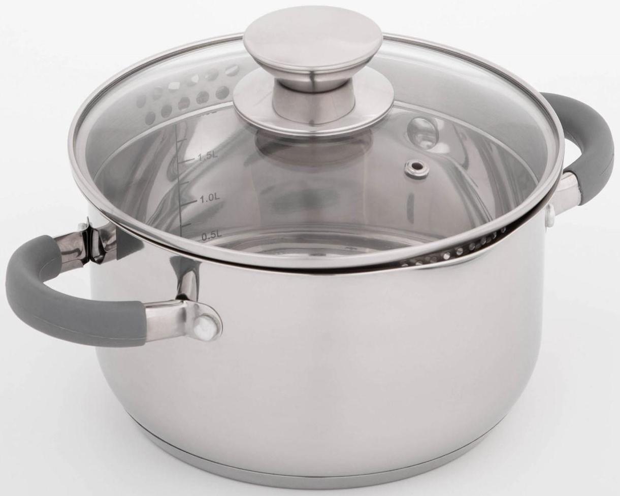 Кастрюля из нержавеющей стали Magistro Tefida, 2,5 л, крышка-дуршлаг, носик для слива, капсульное дно, силиконовые ручки, стеклянная крышка
