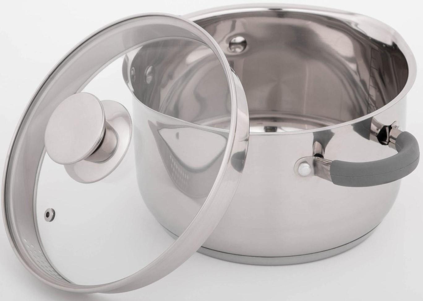 Кастрюля из нержавеющей стали Magistro Tefida, 3,5 л, крышка-дуршлаг, носик для слива, капсульное дно, силиконовые ручки, стеклянная крышка