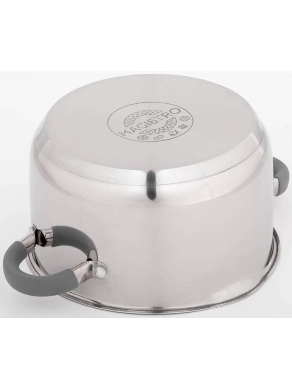 Кастрюля из нержавеющей стали Magistro Tefida, 3,5 л, крышка-дуршлаг, носик для слива, капсульное дно, силиконовые ручки, стеклянная крышка