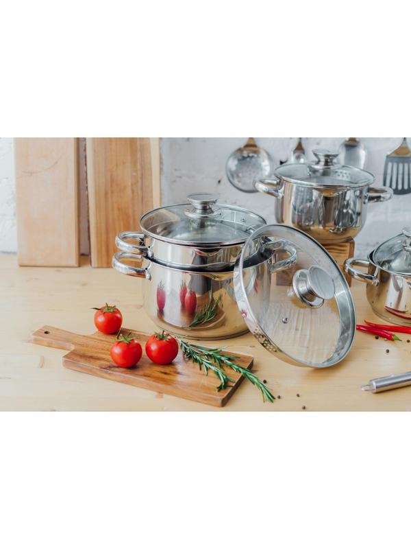 Кастрюля из нержавеющей стали Magistro Klimena, 4,6 л, крышка-дуршлаг, носик для слива, капсульное дно, индукция