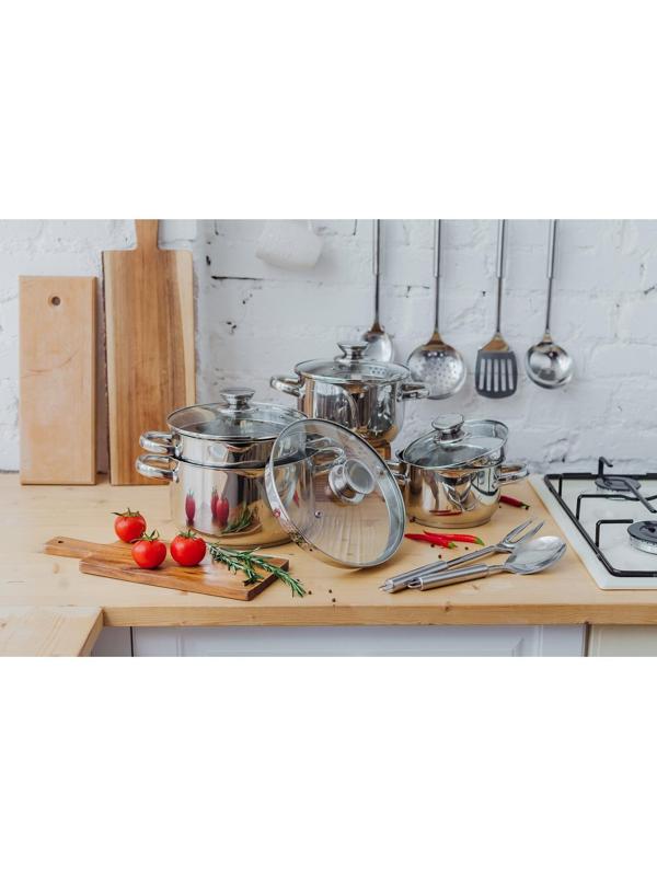 Кастрюля из нержавеющей стали Magistro Klimena, 4,6 л, крышка-дуршлаг, носик для слива, капсульное дно, индукция