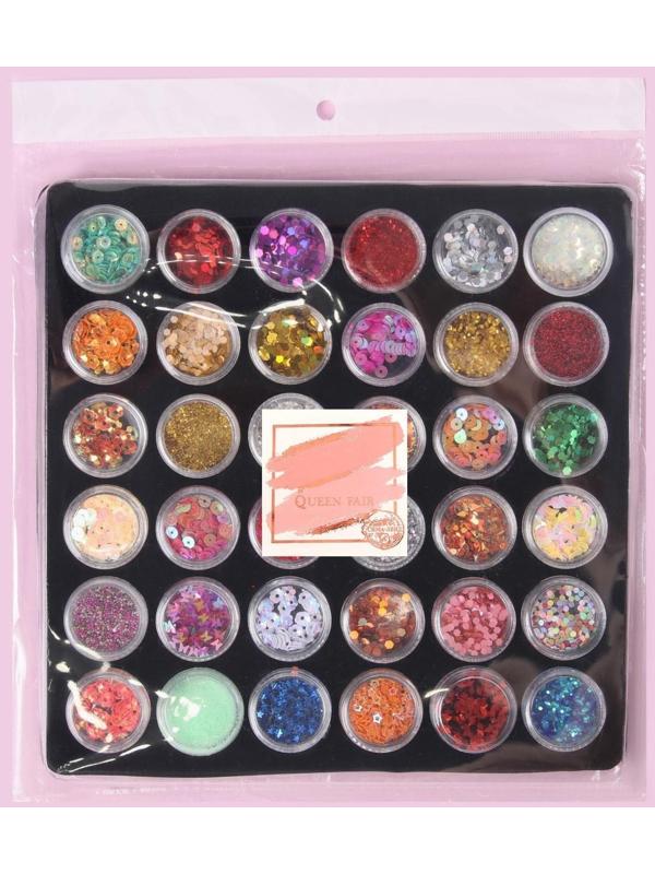 Ассорти для декора, в пластиковом органайзере, набор 36 баночек, разноцветные