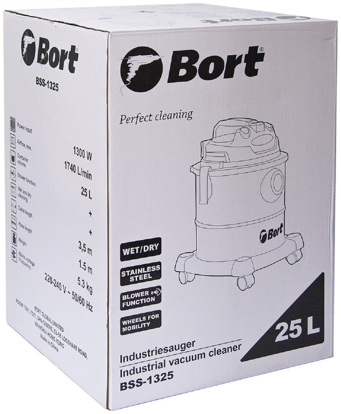 Строительный пылесос Bort BSS-1325, 1300 Вт, 29 л/сек, 25 л, функции выдува и сбора жидкости
