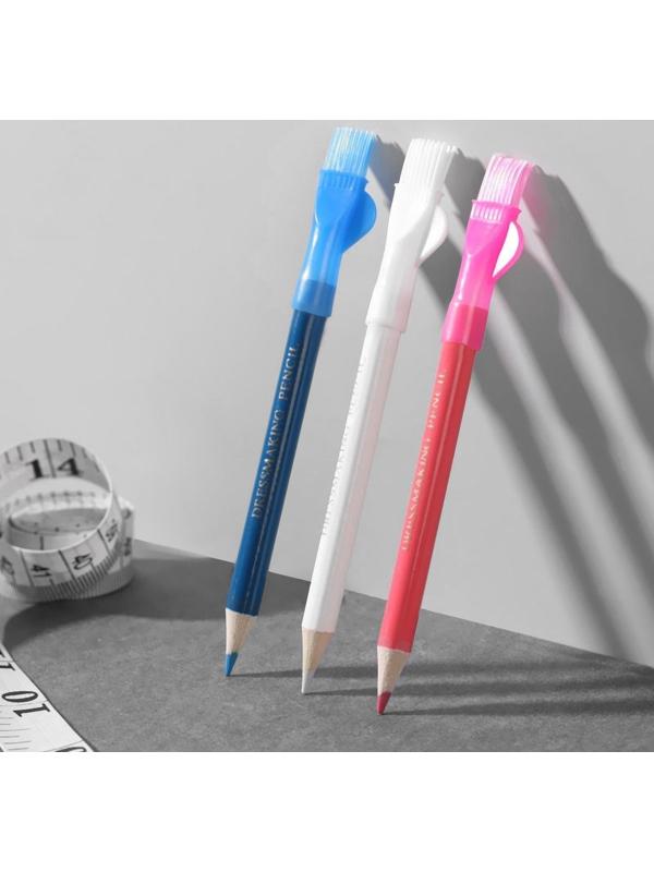 Карандаш для ткани с щёткой, 3 шт, цвет белый, розовый, синий