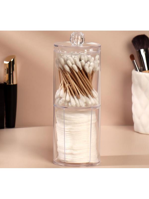 Органайзер для хранения ватных палочек и дисков, с крышкой, 2 съёмные секции, d 6,5 × 19 см, в картонной коробке, цвет прозрачный