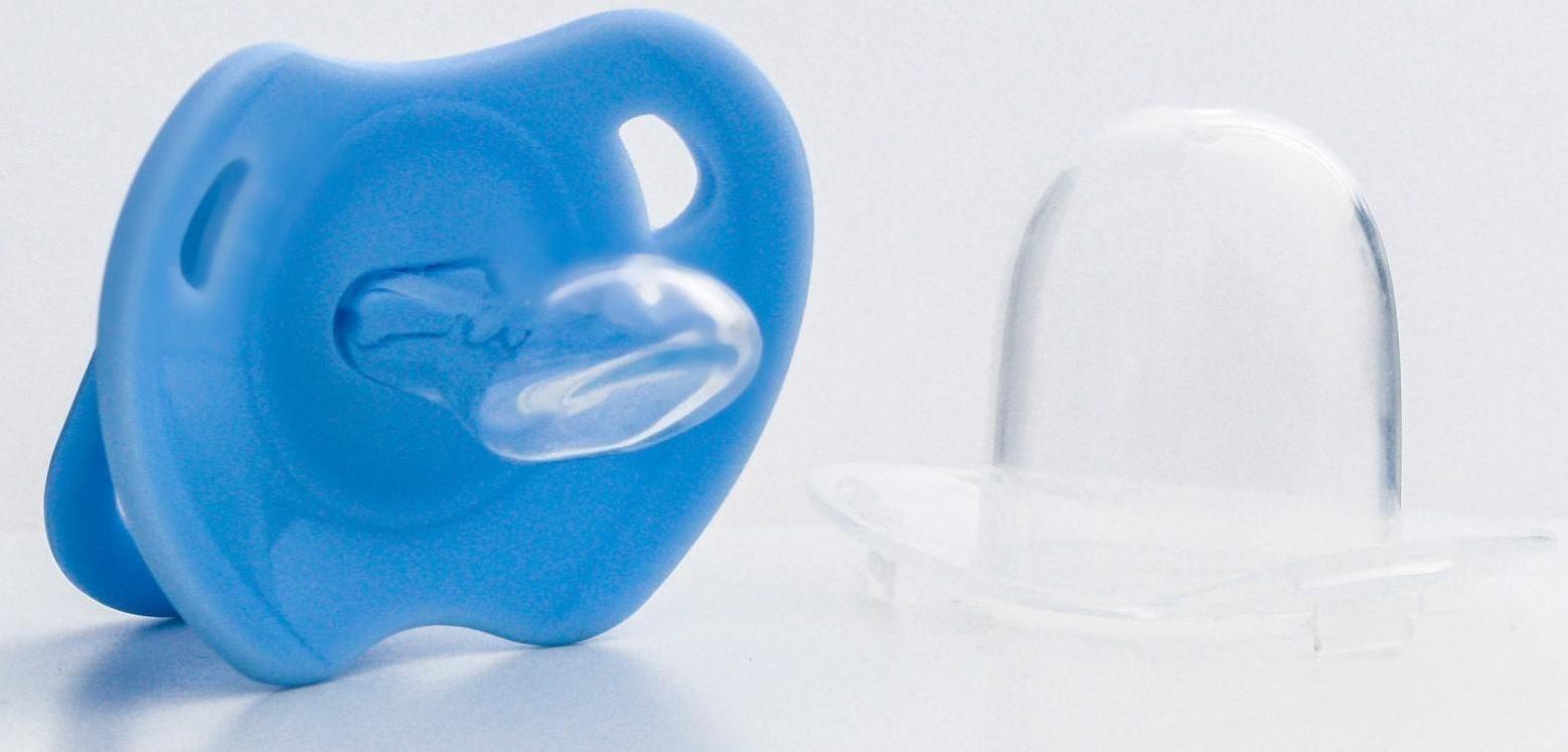 Пустышка ортодонтическая, с колпачком и держателем, в контейнере, от 0 мес., цвет голубой