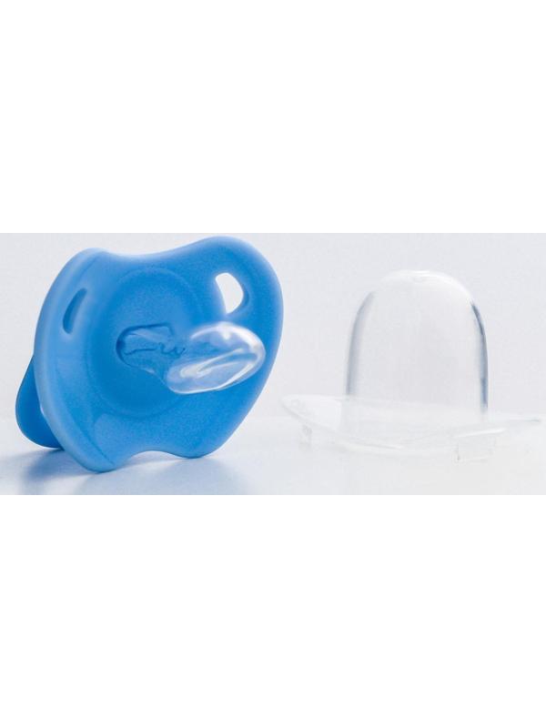 Пустышка ортодонтическая, с колпачком и держателем, в контейнере, от 0 мес., цвет голубой