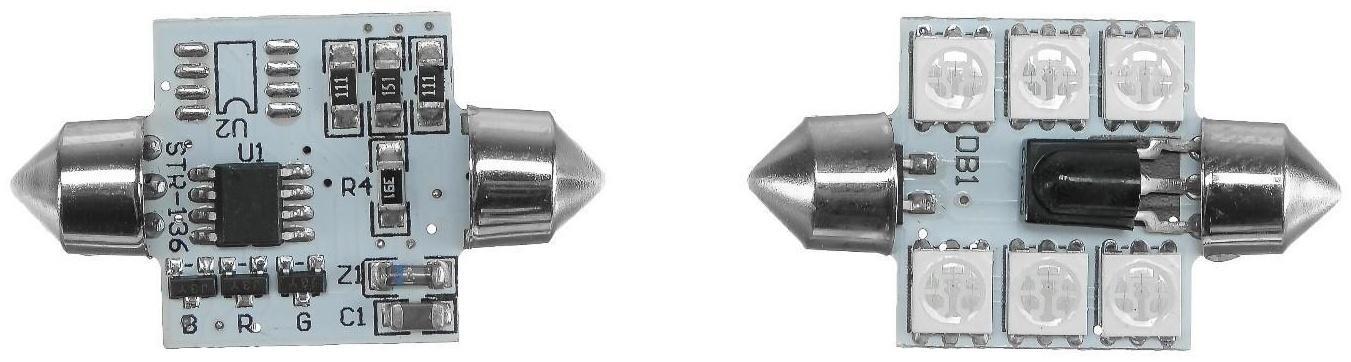 Автолампа светодиодная C5W, 12 В, 6 SMD, 36 мм, мульти свечение, пульт, набор 2 шт