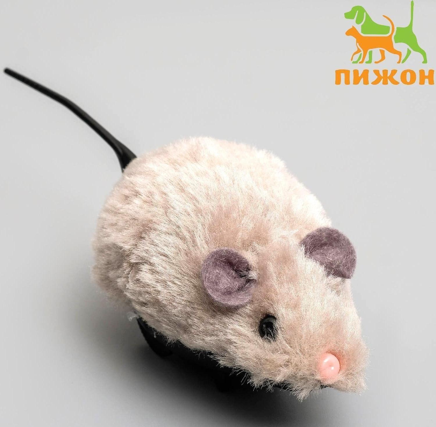 Мышь заводная меховая малая, 8,5 см, серая