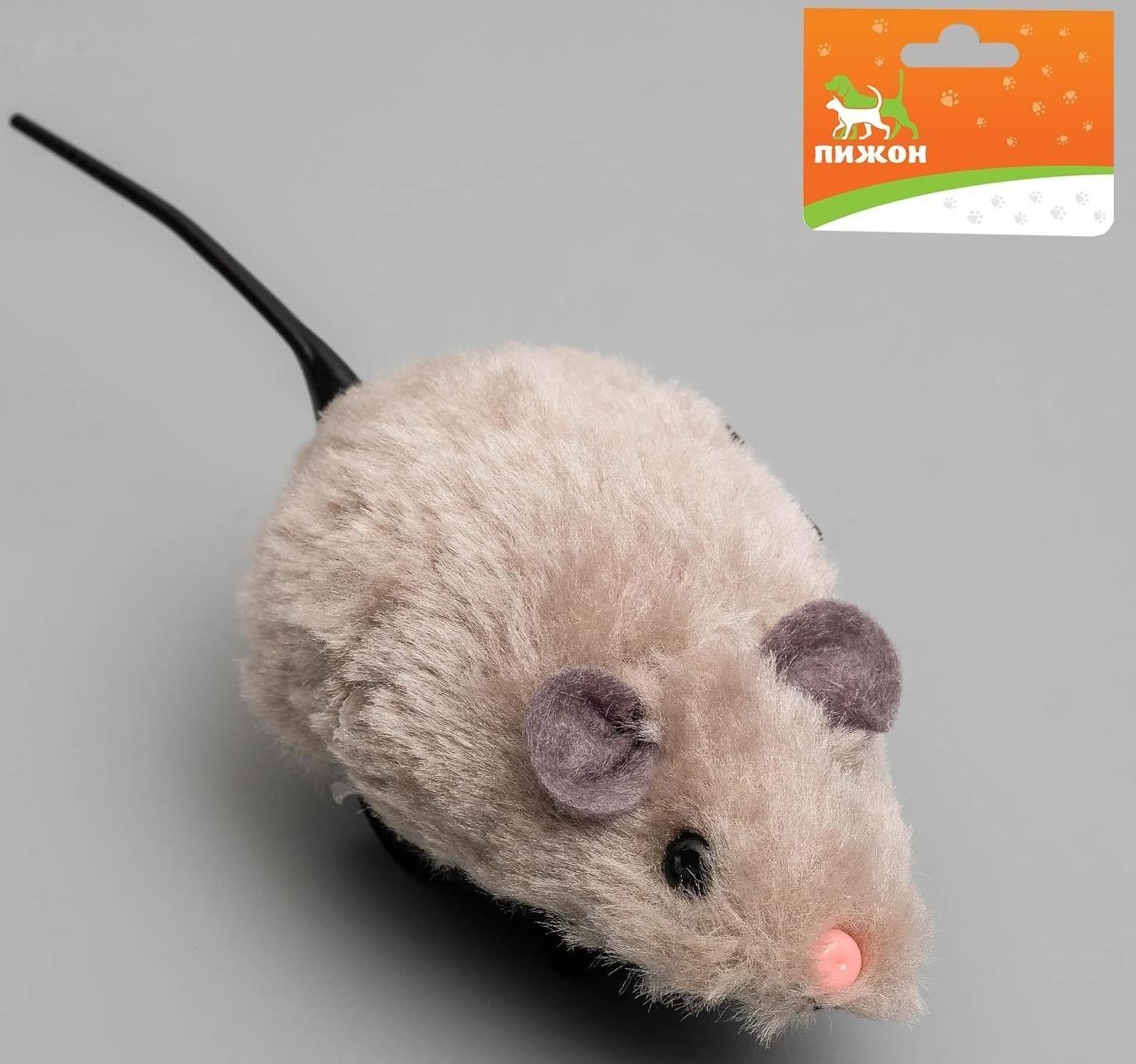 Мышь заводная меховая малая, 8,5 см, серая