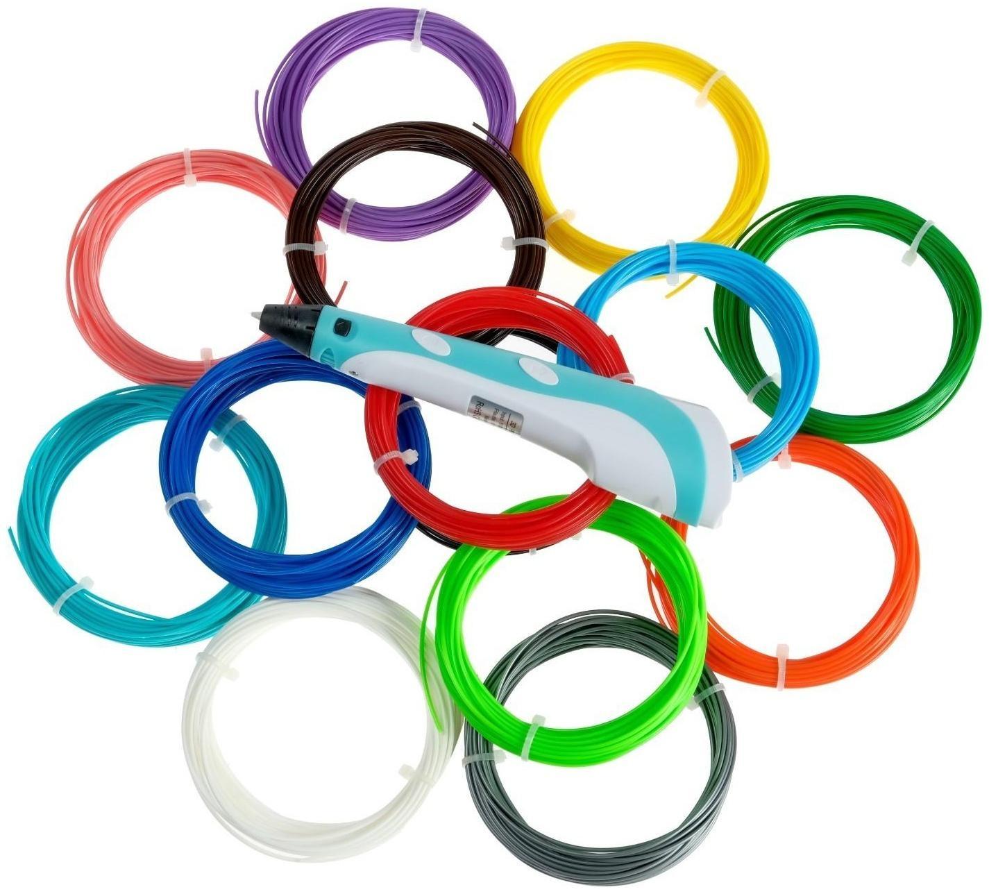 Комплект в тубусе 3Д ручка с дисплеем голубая + пластик PLA 15 цв/10 м+трафареты