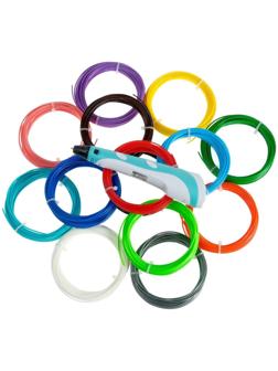 Комплект в тубусе 3Д ручка с дисплеем голубая + пластик PLA 15 цв/10 м+трафареты