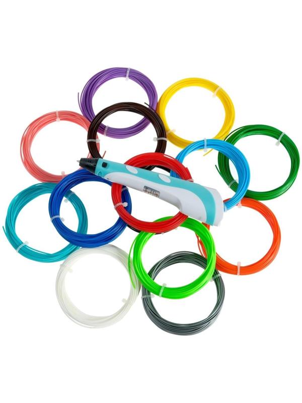 Комплект в тубусе 3Д ручка с дисплеем голубая + пластик PLA 15 цв/10 м+трафареты