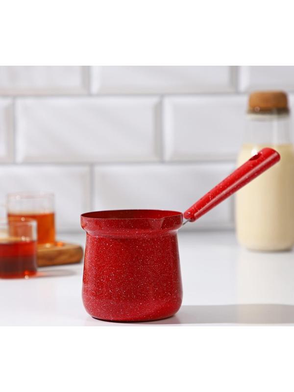 Турка Доляна «Мрамор рэд», 400 мл, d=8 см, пластиковая ручка, антипригарное покрытие, индукция, цвет красный