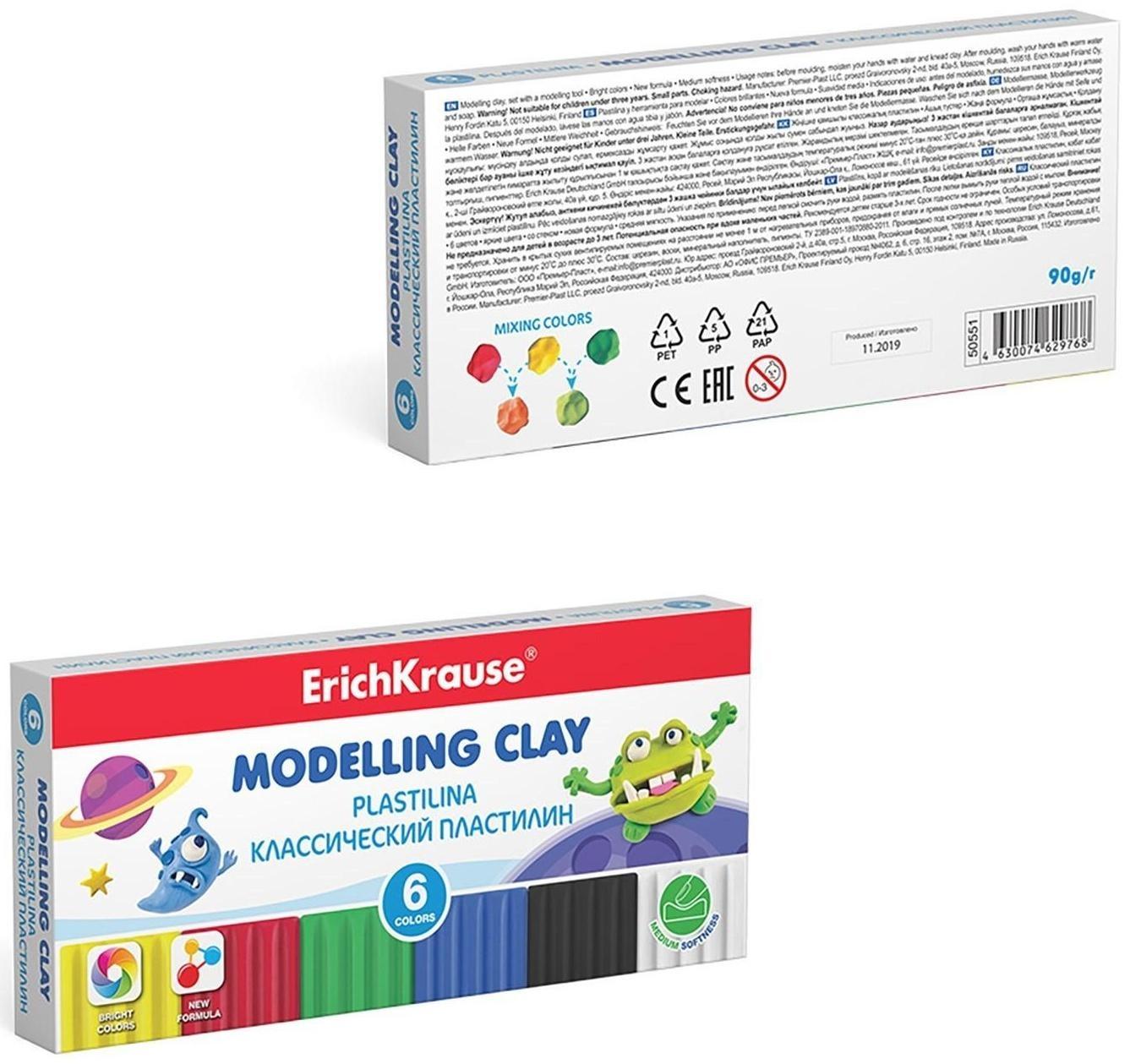 Пластилин 6 цвета, 90 г, ErichKrause Monsters, улучшенная формула, со стеком, в картонной упаковке