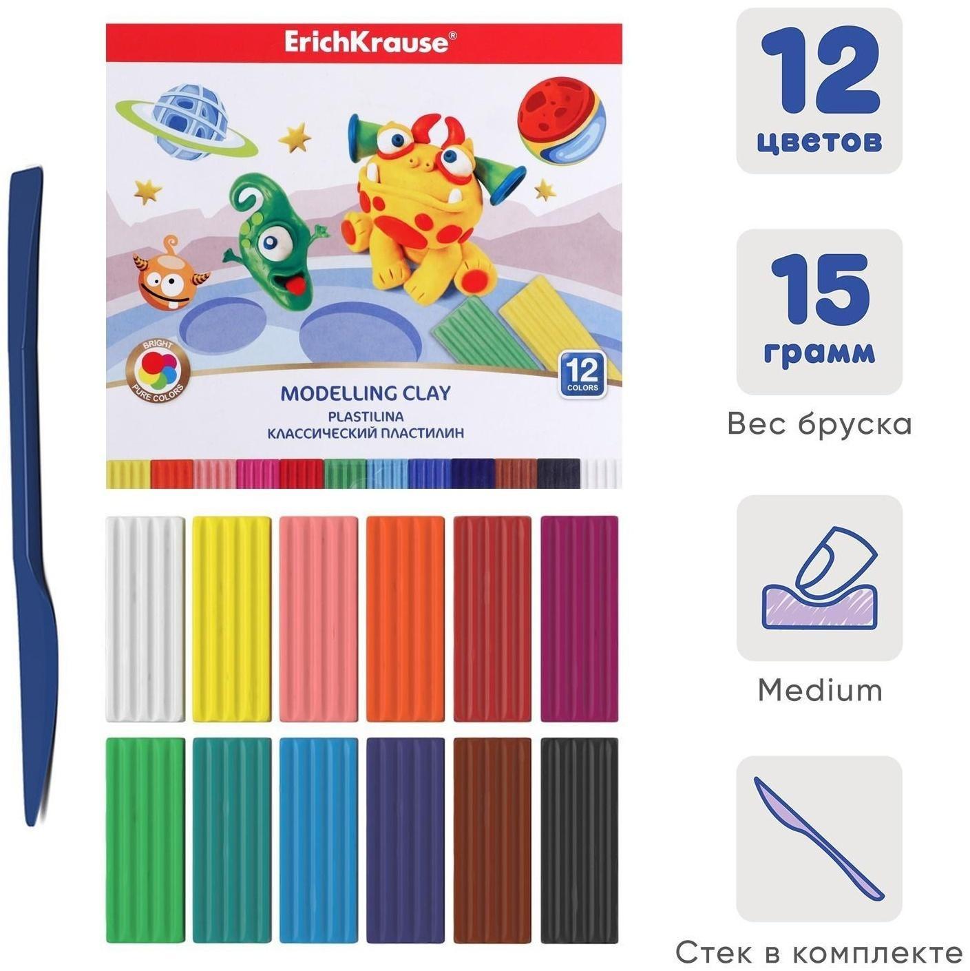 Пластилин 12 цвета, 180 г, ErichKrause Monsters, со стеком, в картонной упаковке