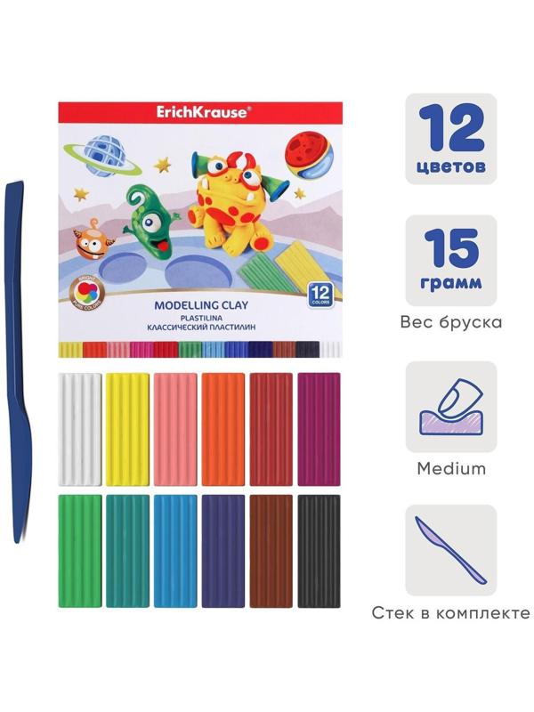 Пластилин 12 цвета, 180 г, ErichKrause Monsters, со стеком, в картонной упаковке