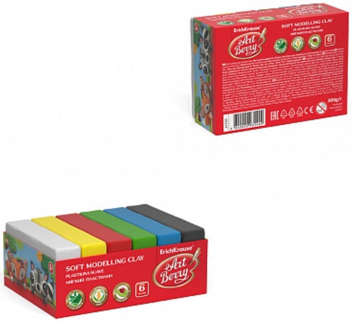 Пластилин мягкий (восковой), 6 цветов, 300 г, ArtBerry премиум, с Алоэ Вера, классическая палитра, картон