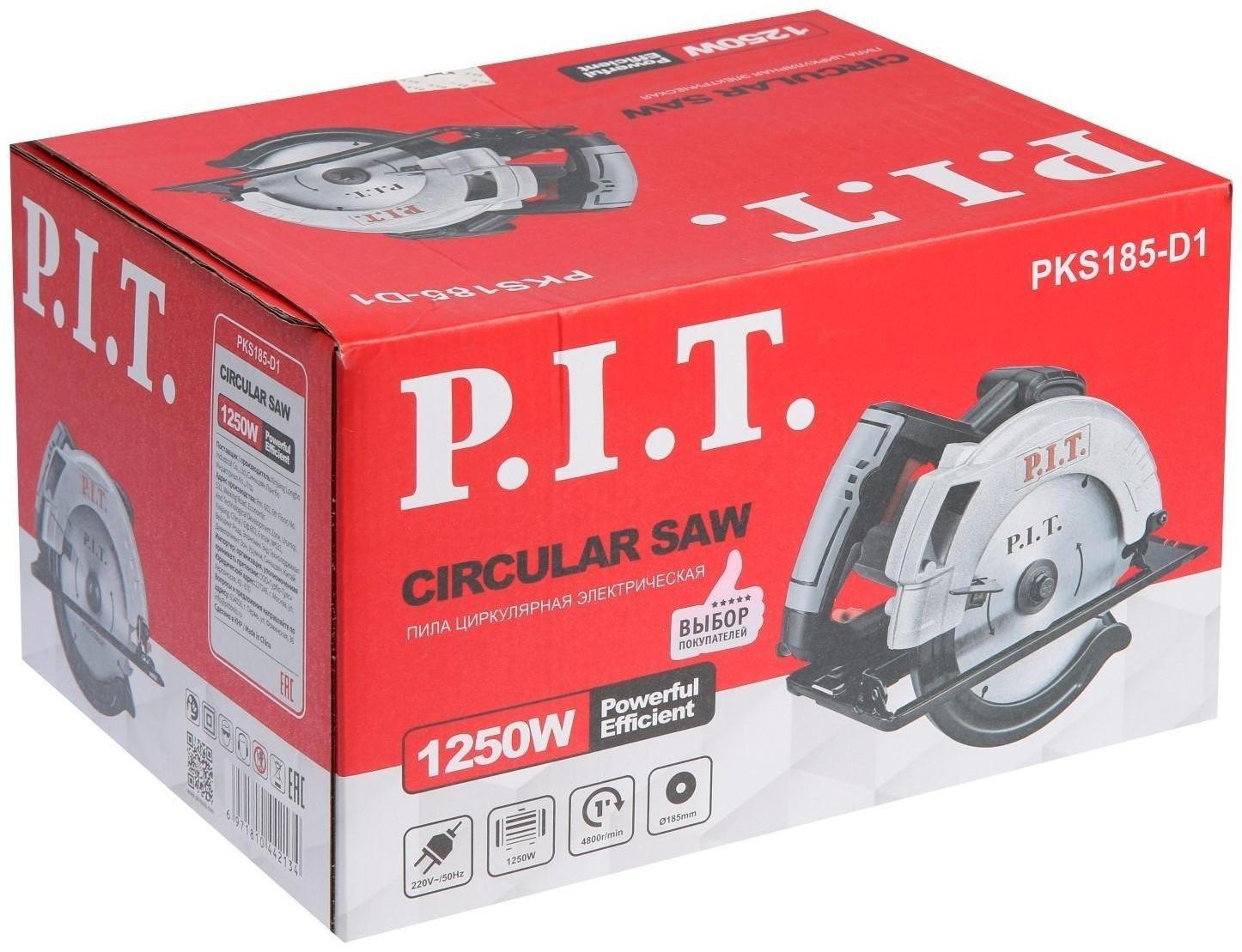 Пила циркулярная P.I.T. PKS185-D1, 1250 Вт, 4800 об/мин, d=185 мм, пропила 60 мм, ±45°