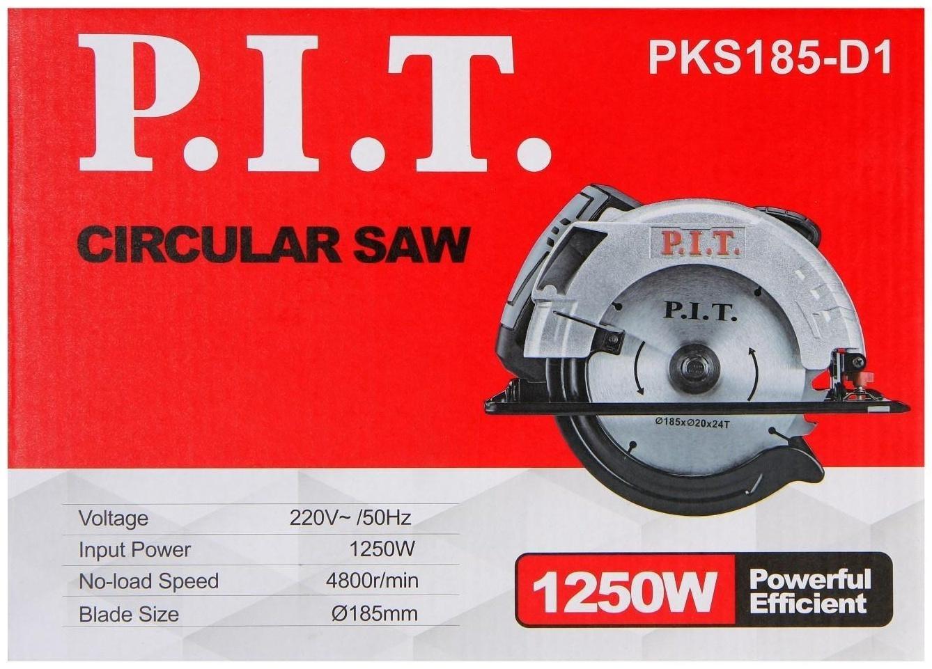 Пила циркулярная P.I.T. PKS185-D1, 1250 Вт, 4800 об/мин, d=185 мм, пропила 60 мм, ±45°