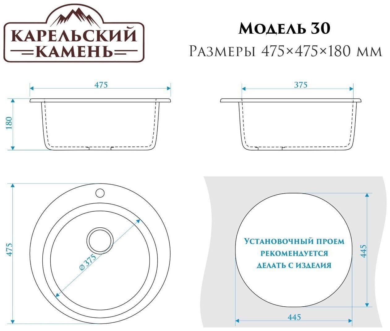Мойка кухонная из камня ZETT lab. 30/Q10, d=475 мм, матовая, светло-серая
