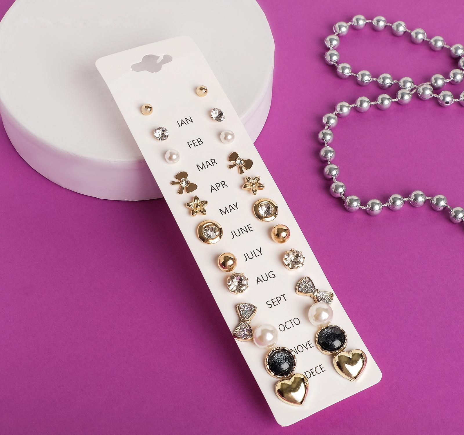 Пусеты 12 пар One year, совершенство, цвет бело-чёрный в золоте