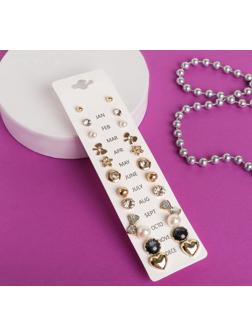 Пусеты 12 пар One year, совершенство, цвет бело-чёрный в золоте