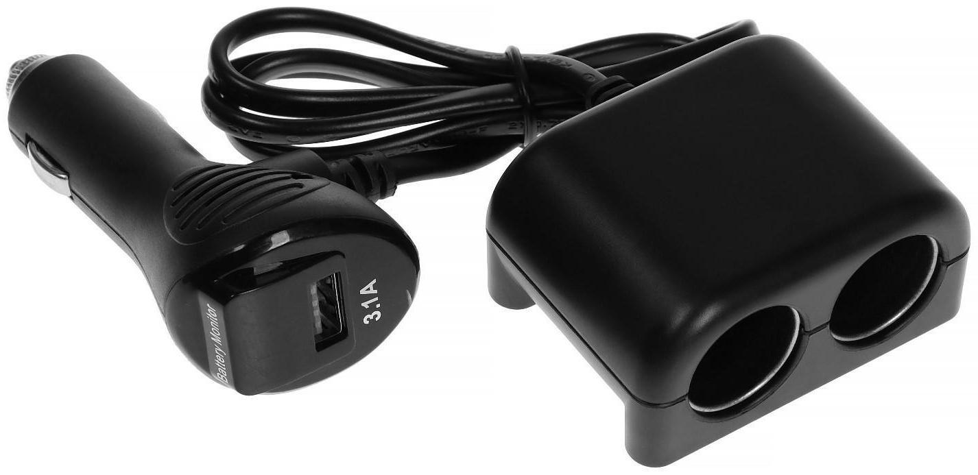 Разветвитель прикуривателя TORSO, с вольтметром, USB 3.1 А, провод 70 см