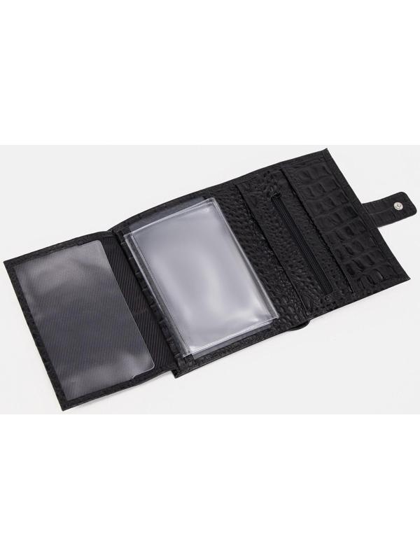 Портмоне на кнопке 3 в 1 для автодокументов и паспорта, для карт, для монет, цвет чёрный