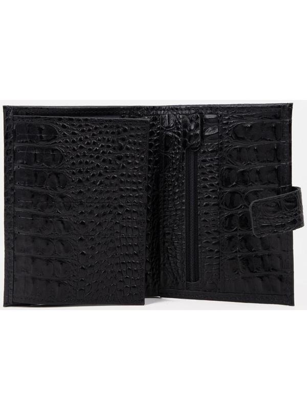 Портмоне на кнопке 3 в 1 для автодокументов и паспорта, для карт, для монет, цвет чёрный