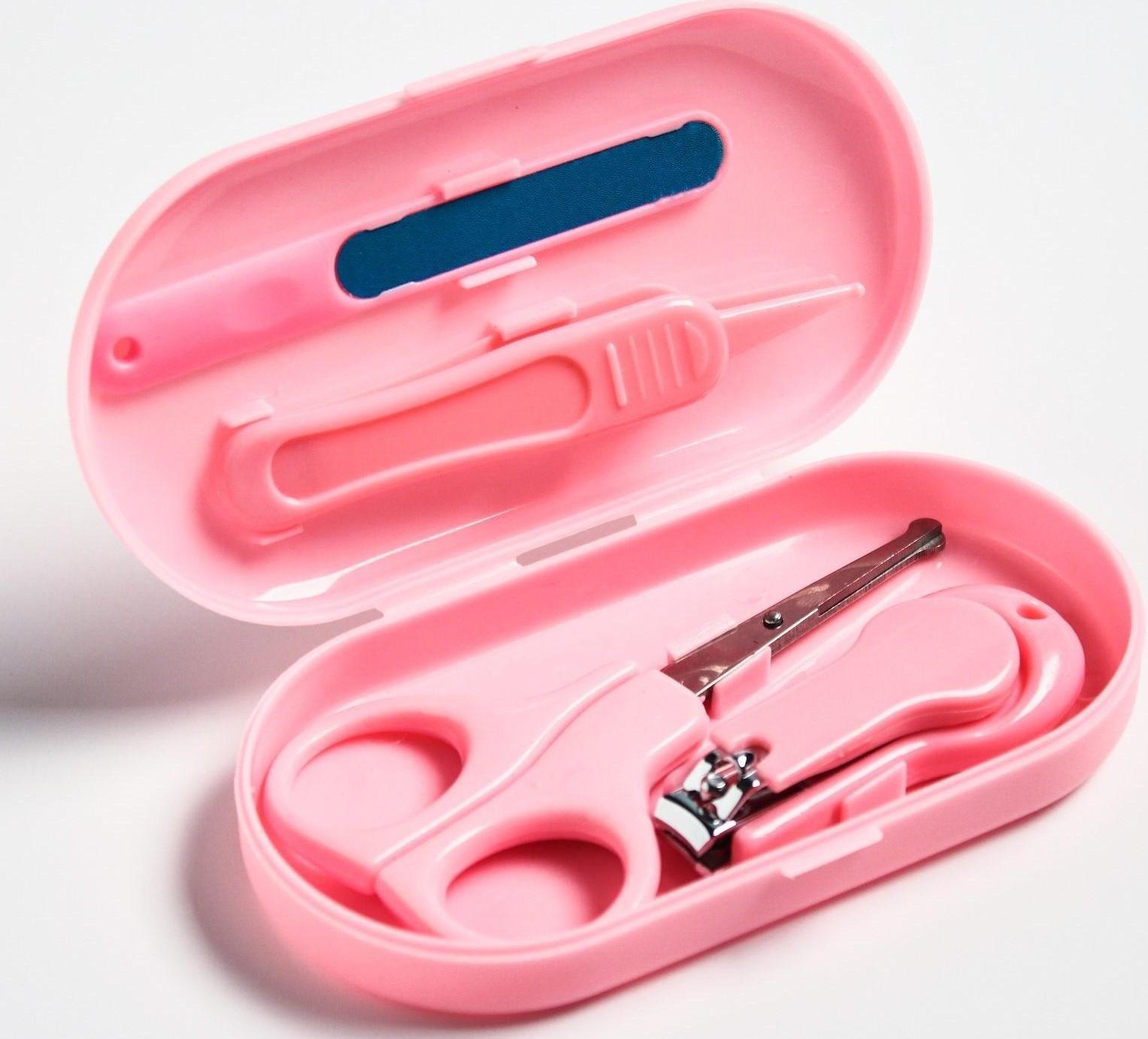 Детский маникюрный набор (ножницы, книпсер, пилка, пинцет), цвет розовый