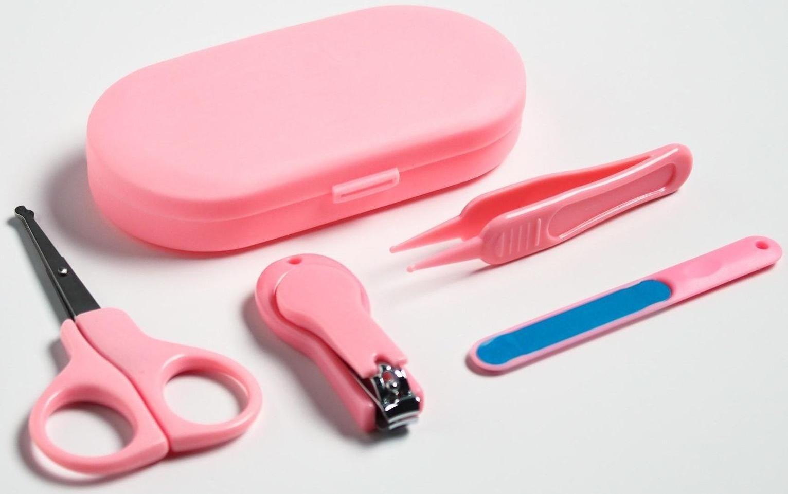 Детский маникюрный набор (ножницы, книпсер, пилка, пинцет), цвет розовый