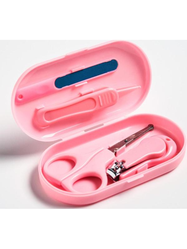 Детский маникюрный набор (ножницы, книпсер, пилка, пинцет), цвет розовый
