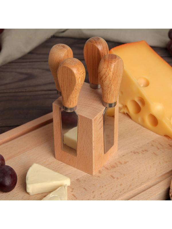 Набор ножей для подачи сыра, 4 шт, на магнитной подставке, бразильская гевея, 8,5х8,5х16,7 см, цвет бежевый