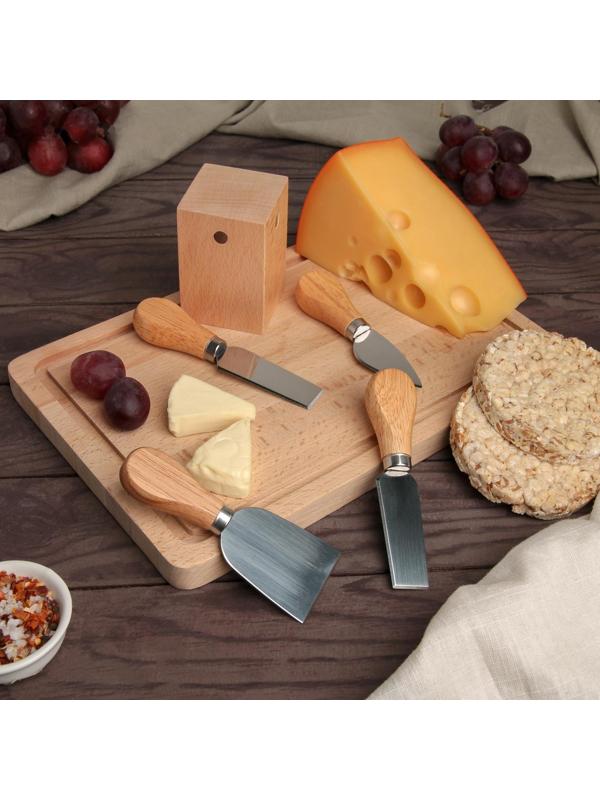 Набор ножей для подачи сыра, 4 шт, на магнитной подставке, бразильская гевея, 8,5х8,5х16,7 см, цвет бежевый